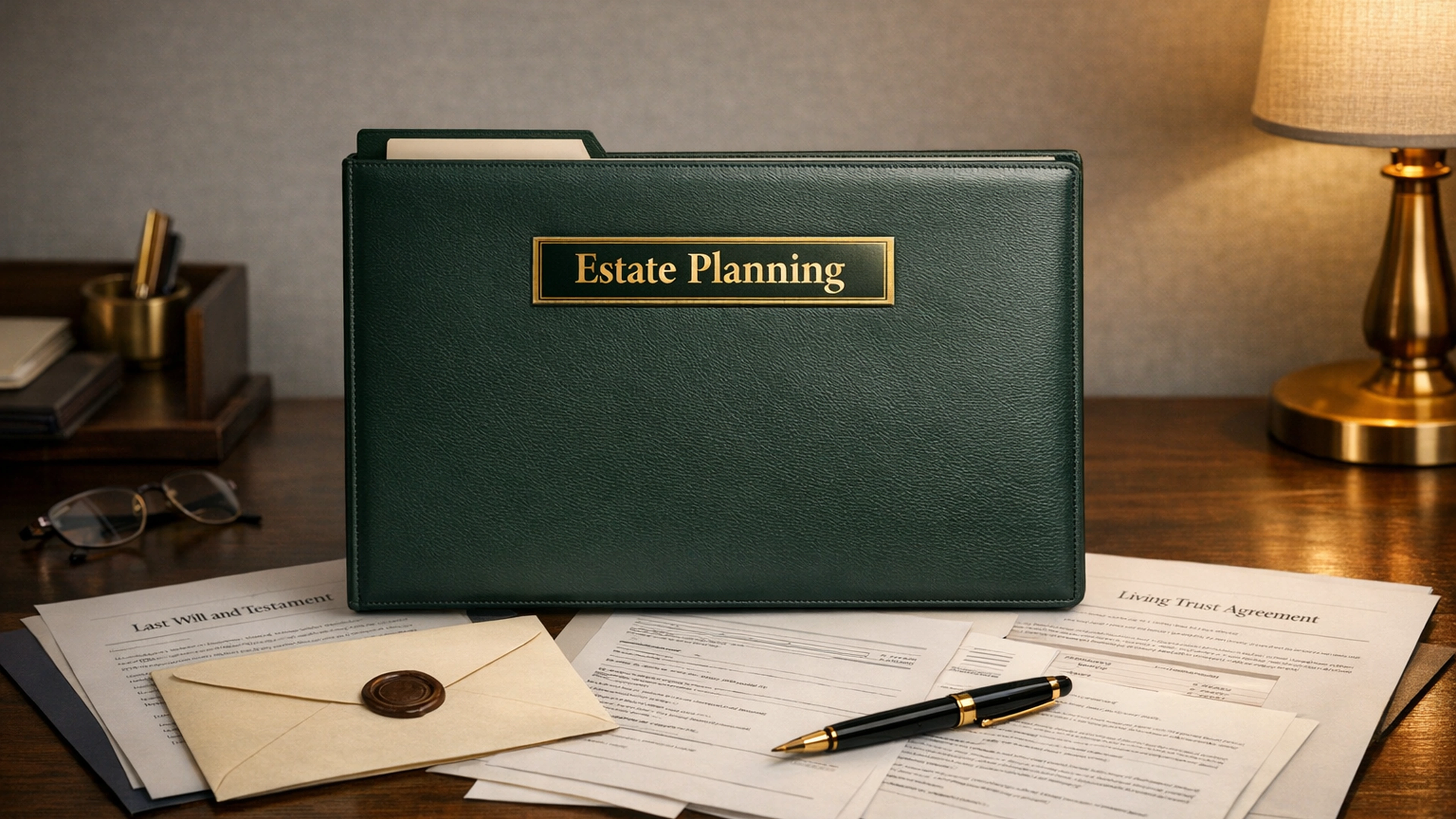 Calm estate planning desk scene with binder and documents